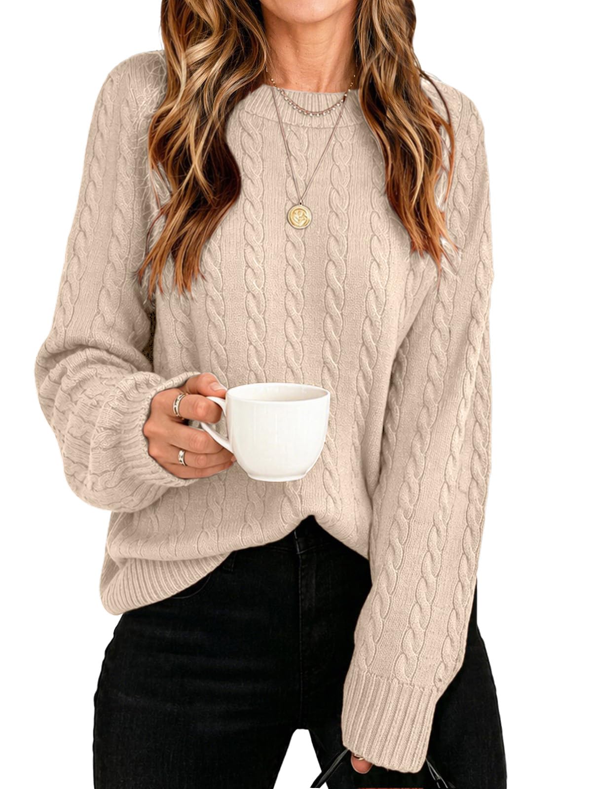 Womens Winter Fall Sweaters 2026 Trendy Cable Knit Long Sleeve Crewneck Tops Casual Outfit Sweater for Women