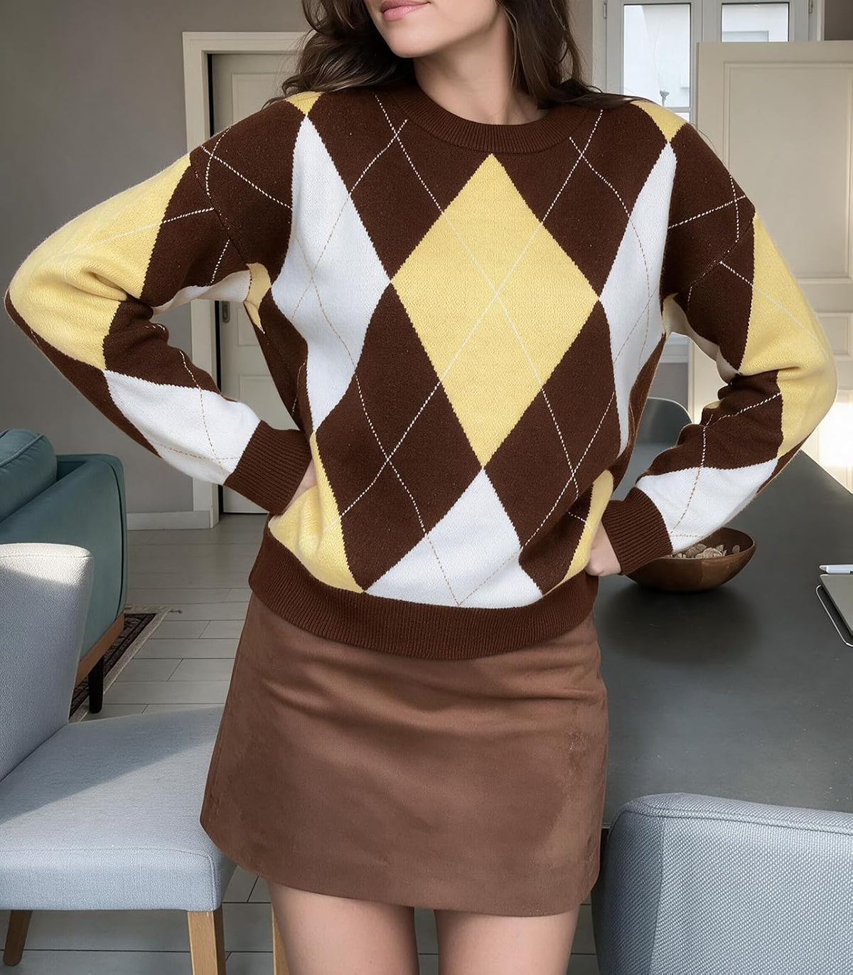 Cicy Bell Sweaters for Women Argyle Plaid Color Block Knit Pullover Tops