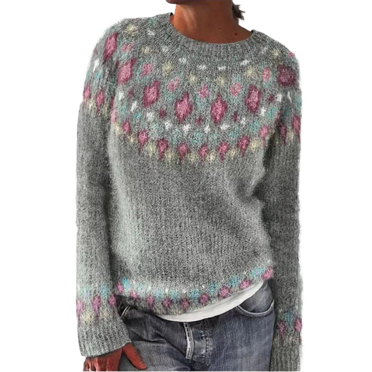 Fair Isle Sweater Women Boho Knitted Vintage Sweaters Casual Crewneck Long Sleeve Lightweight Cropped Pullover Tops