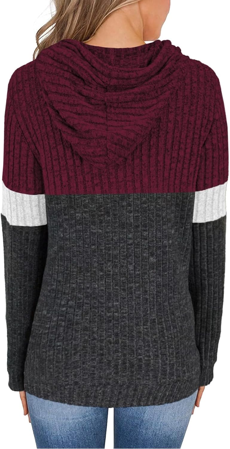 MixShe Women’s Color Block Knit Hoodie – Casual Long Sleeve Pullover Sweater Tops with Pocket