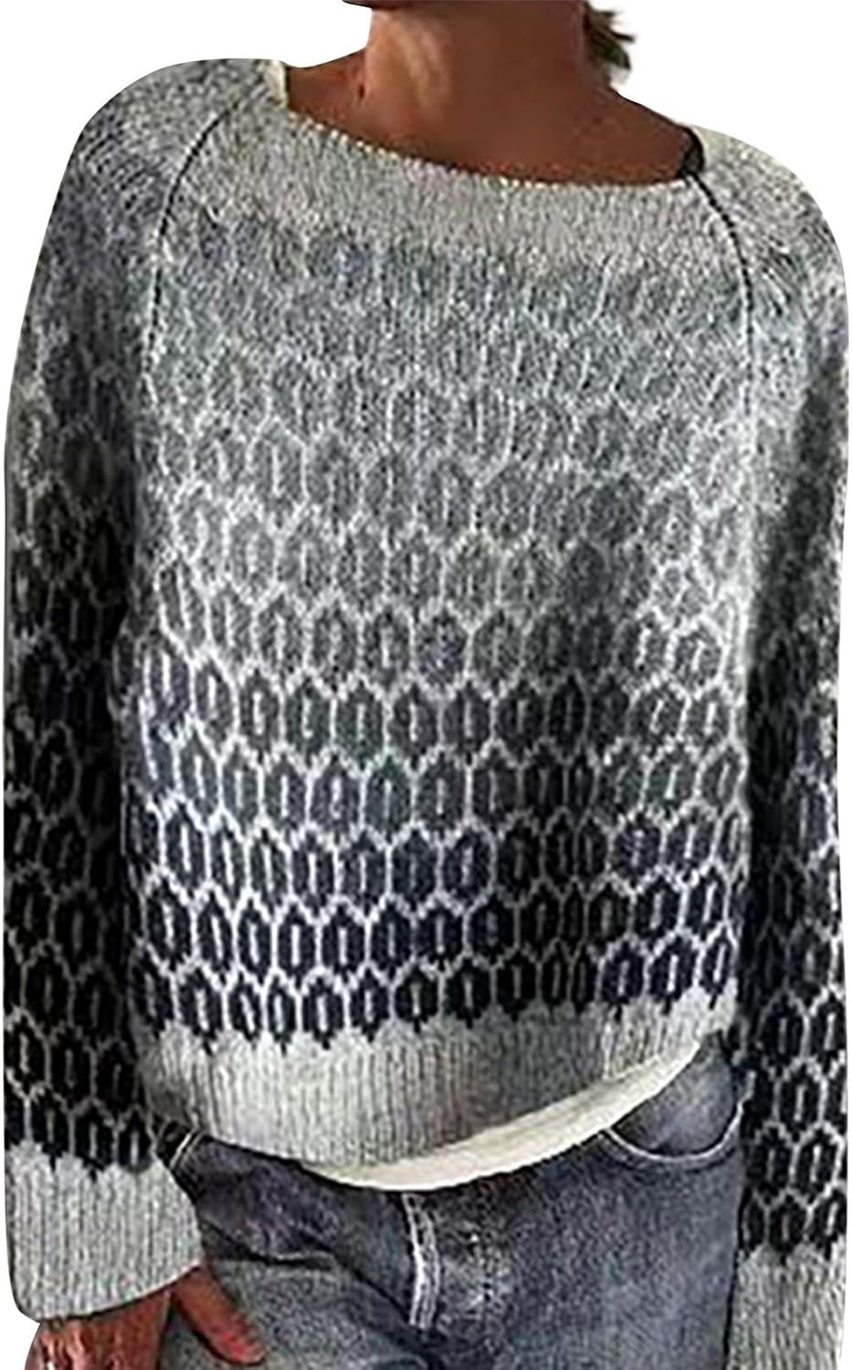 Fair Isle Sweater Women Boho Knitted Vintage Sweaters Casual Crewneck Long Sleeve Lightweight Cropped Pullover Tops