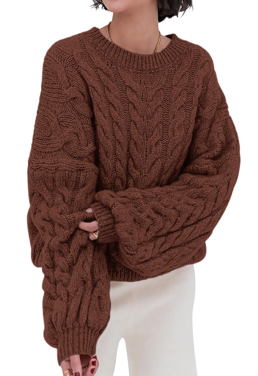 PRETTYGARDEN Womens Sweaters Fall 2026 Cable Knit Long Sleeve Crewneck Oversized Sweater Chunky Pullover Loose Outfits