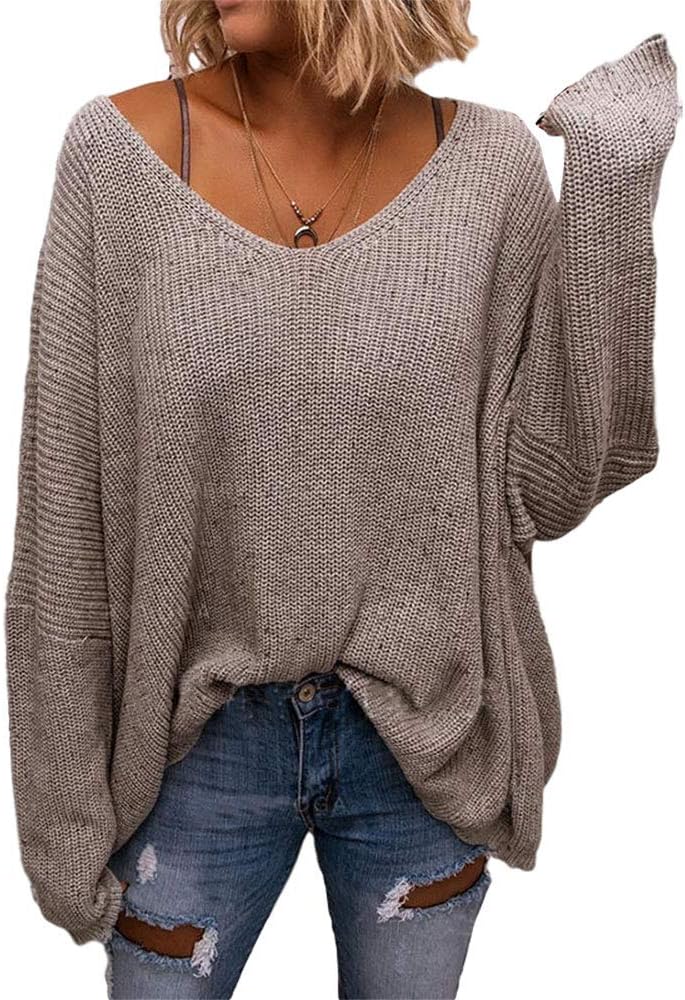 BZB Women's V Neck Long Sleeve Knit Loose Oversized Pullover Sweater Top