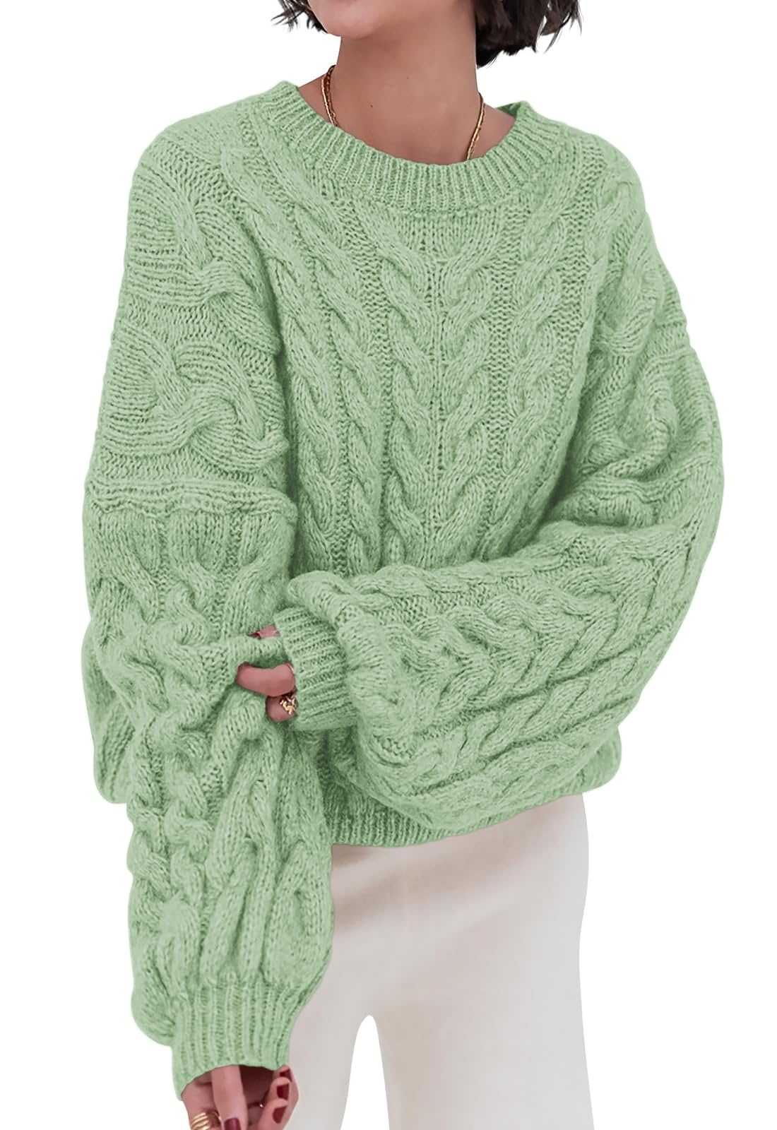 PRETTYGARDEN Womens Sweaters Fall 2026 Cable Knit Long Sleeve Crewneck Oversized Sweater Chunky Pullover Loose Outfits