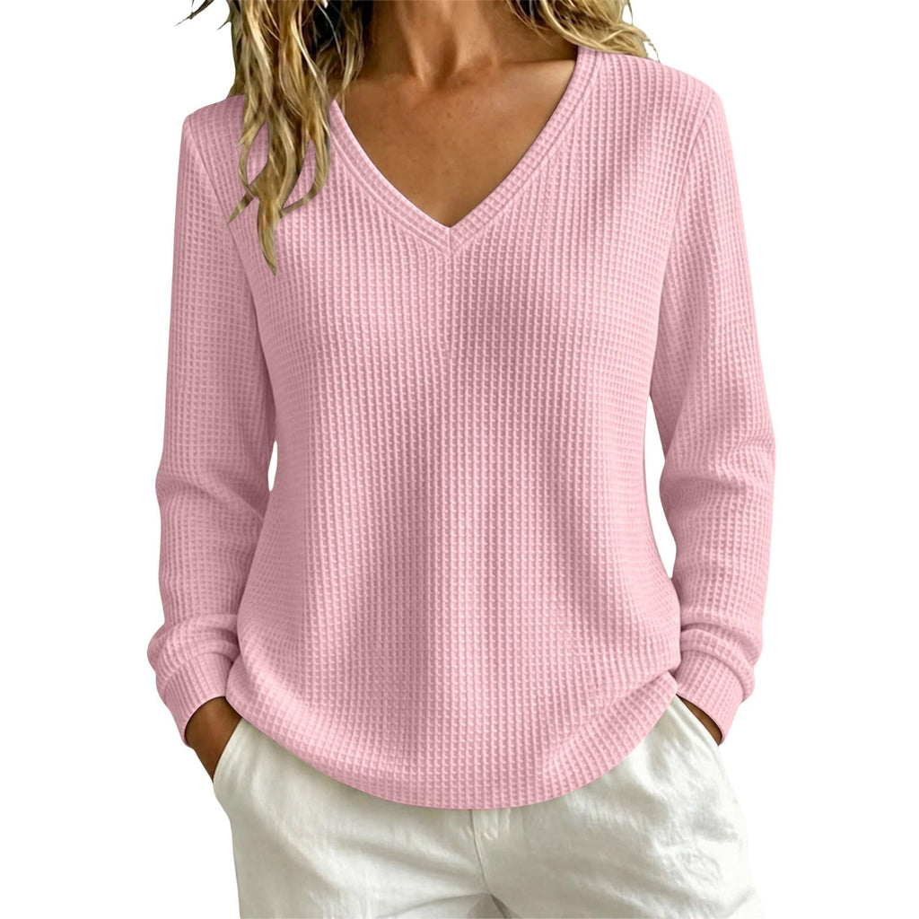 Women’s Lightweight Waffle Knit Sweater V-Neck Loose Fit Pullover