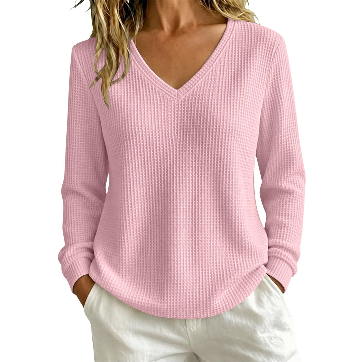 Women’s Lightweight Waffle Knit Sweater V-Neck Loose Fit Pullover