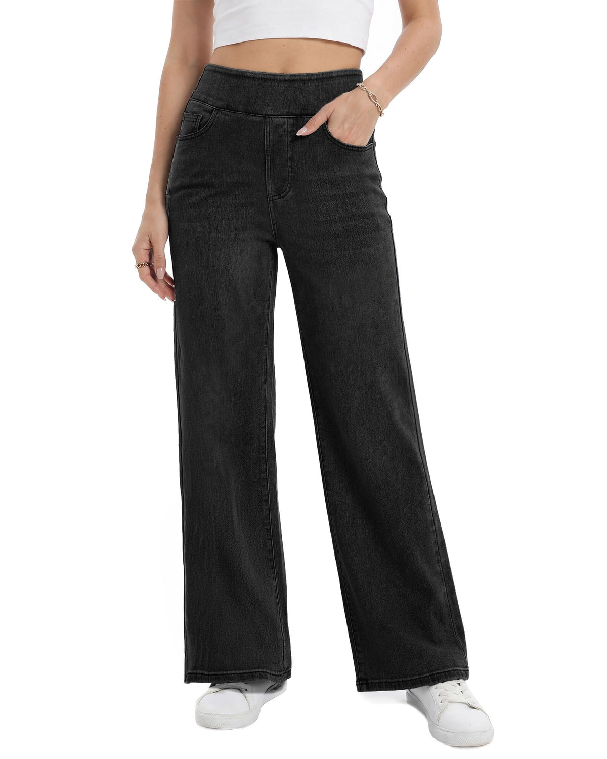 Wide Leg Pull On Jeans Womens High Rise Stretchy Jeans Denim Pants with Elastic Waist Tummy Control