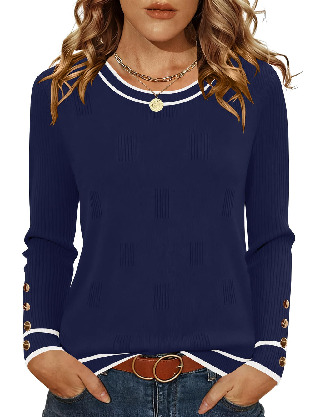 AKEWEI Womens Sweaters Long Sleeve Crew Neck Lightweight Knit Pullover Tops with Decorative Buttons