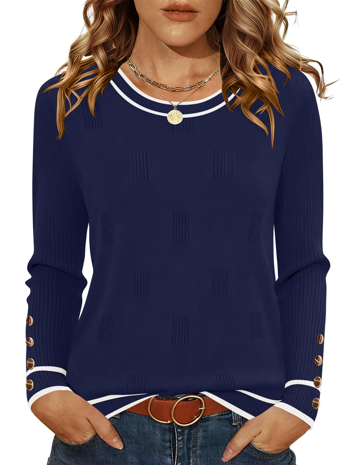 AKEWEI Womens Sweaters Long Sleeve Crew Neck Lightweight Knit Pullover Tops with Decorative Buttons