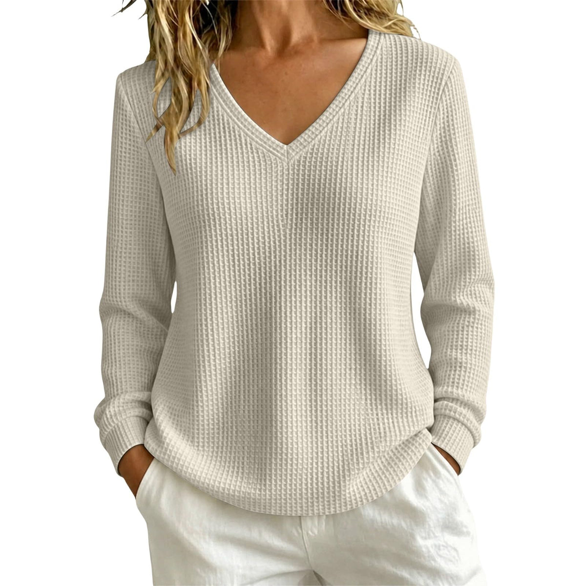 Women’s Lightweight Waffle Knit Sweater V-Neck Loose Fit Pullover