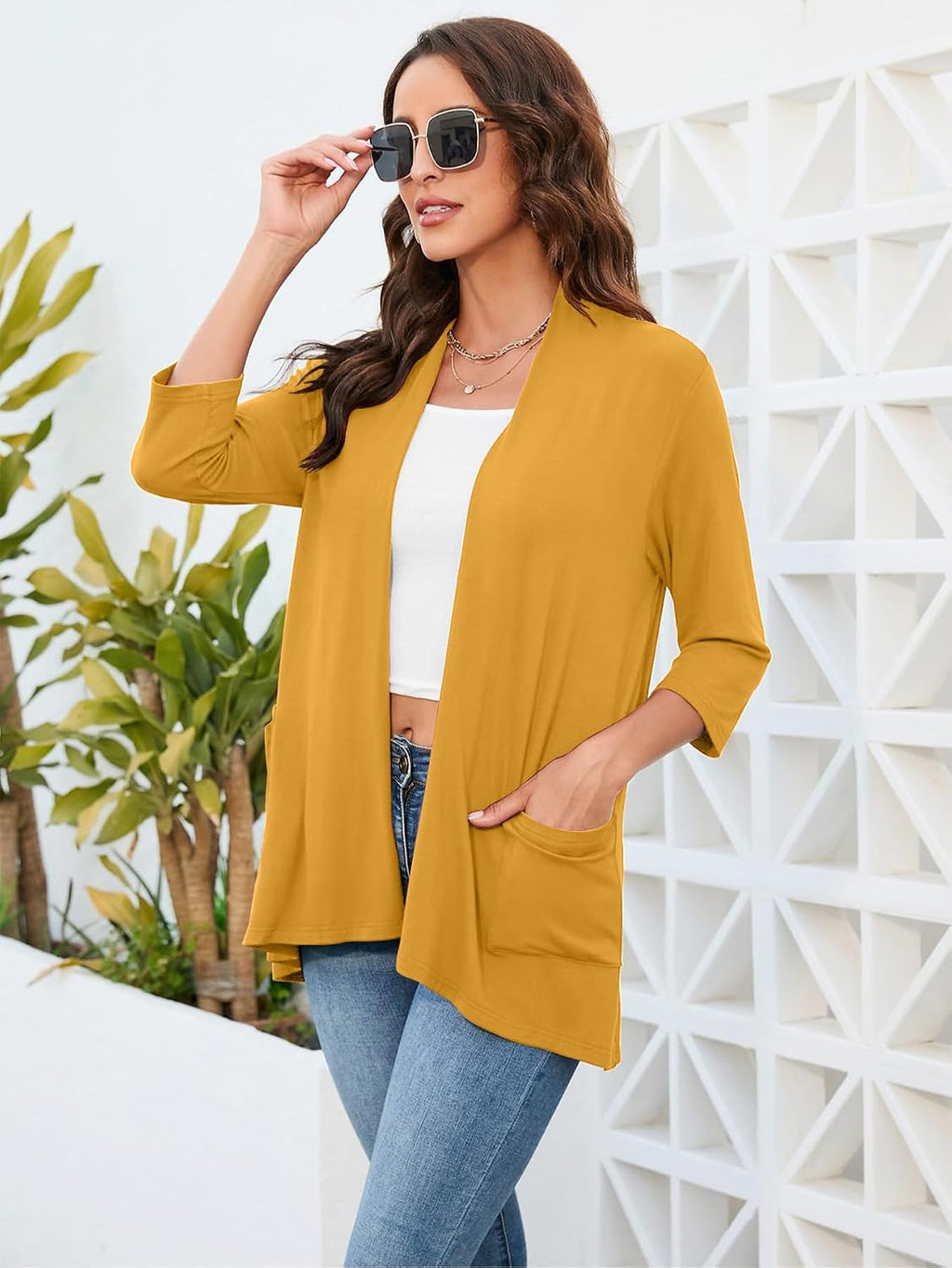 HIYIYEZI Womens Casual Lightweight Cardigans with Pockets 3/4 Sleeve Open Front Dusters