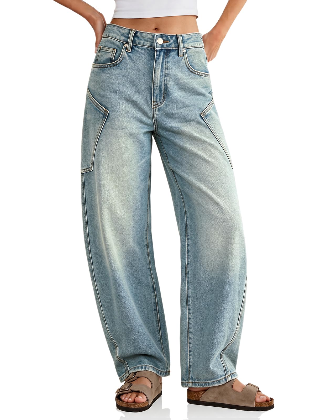 Flowyair Womens Baggy Barrel Jeans Raw High Waisted Wide Leg Denim Pants