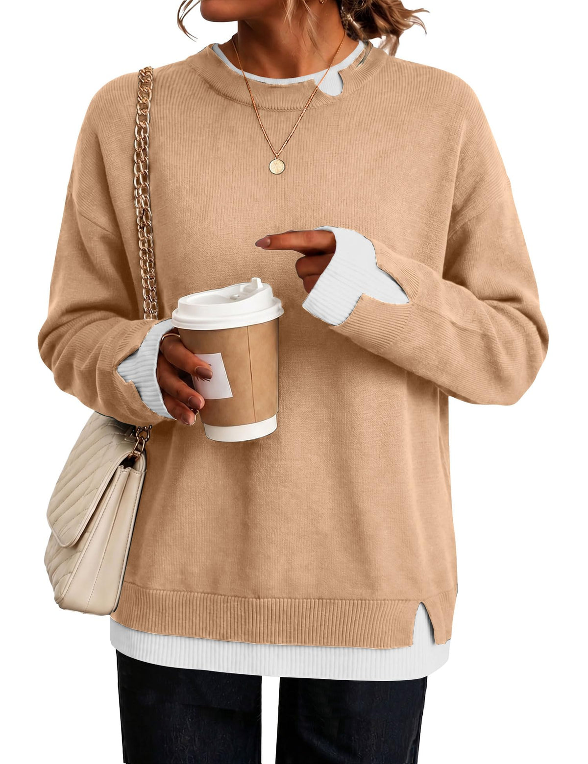 LOMON Womens Sweaters Cozy Long Sleeve Pullover Tops Faux Layered Sweaters
