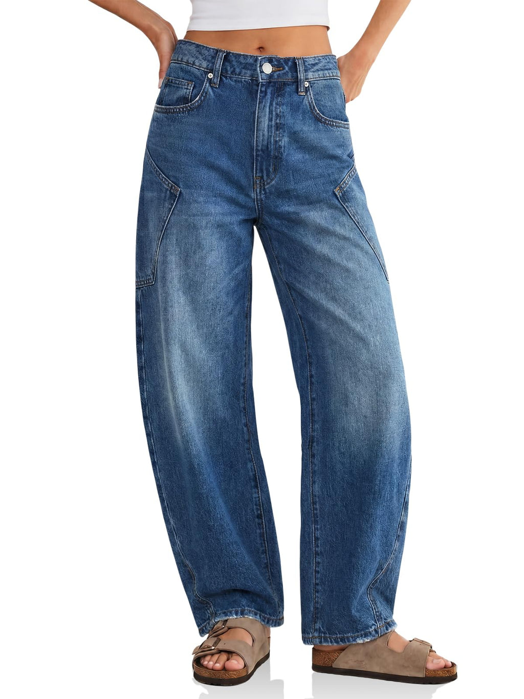 Flowyair Womens Baggy Barrel Jeans Raw High Waisted Wide Leg Denim Pants