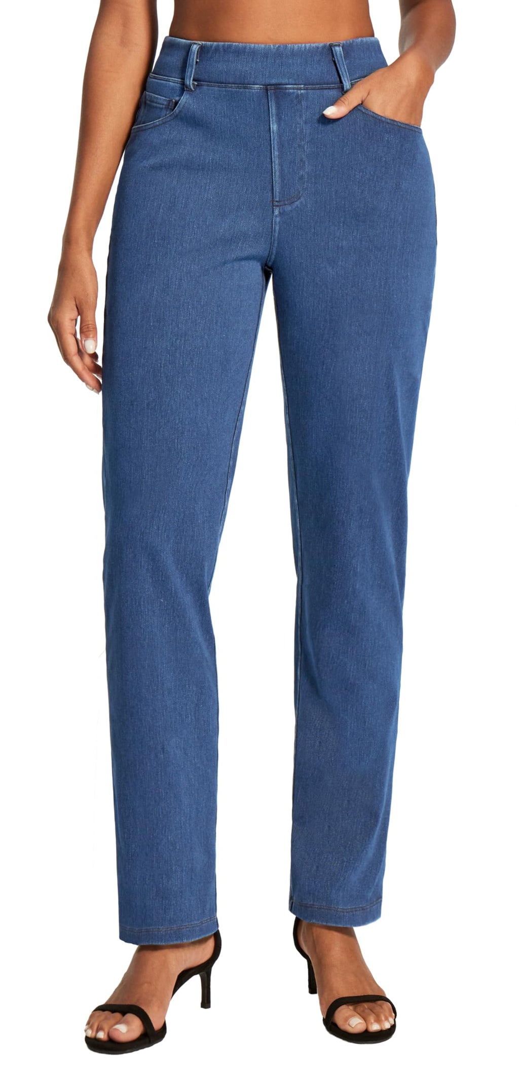 Stretchy Straight Leg Jeans for Women Pull On High Waisted Trendy Denim