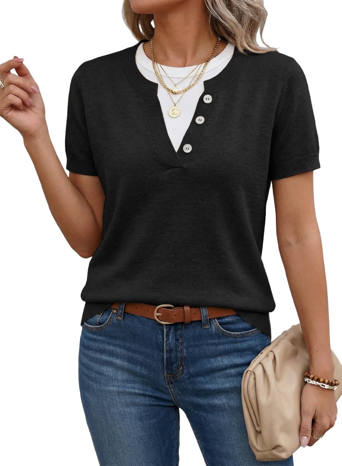 SHEWIN Womens Lightweight Short Sleeve Sweaters Fall Layered Knit Tops