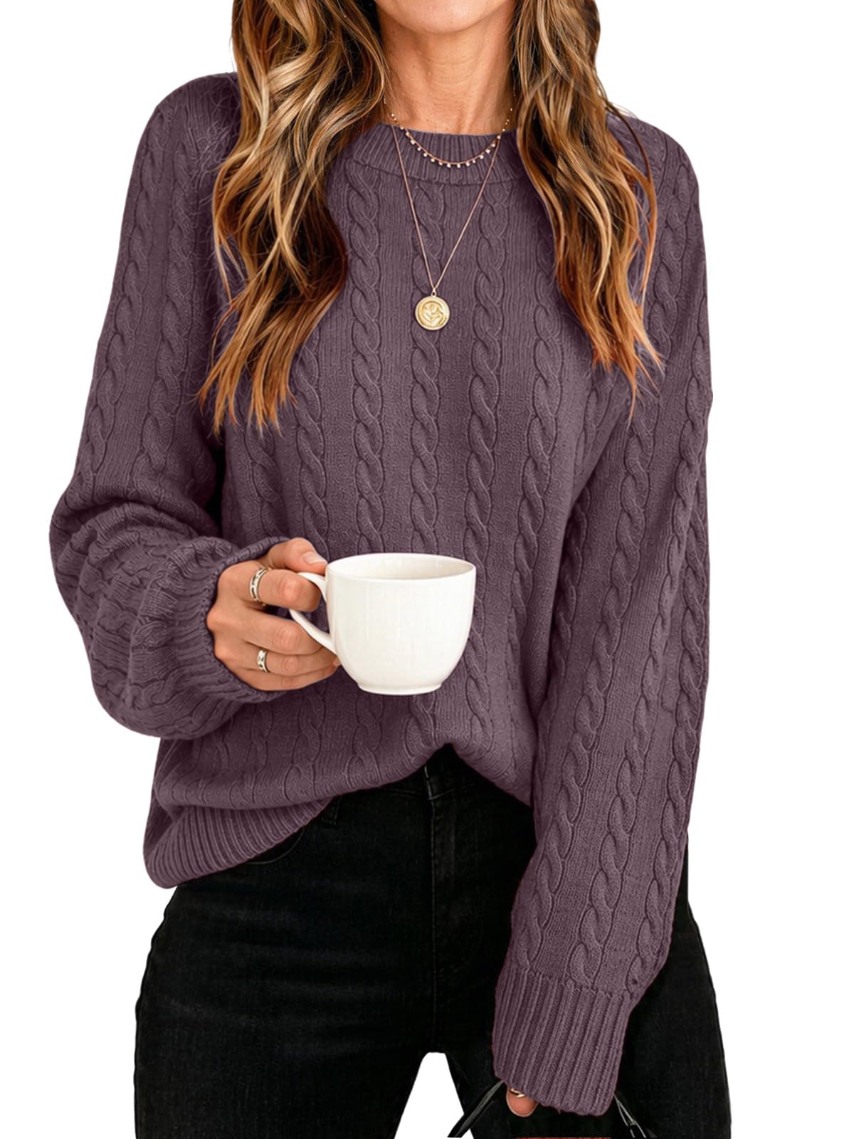 Womens Winter Fall Sweaters 2026 Trendy Cable Knit Long Sleeve Crewneck Tops Casual Outfit Sweater for Women