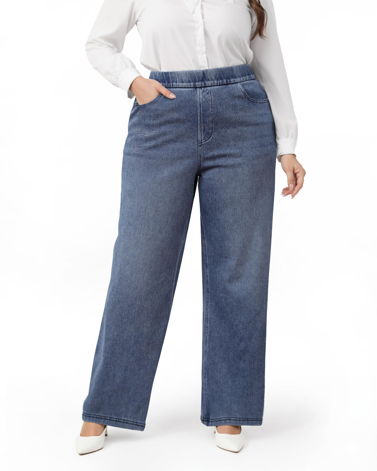 Wide Leg Pull On Jeans Womens High Rise Stretchy Jeans Denim Pants with Elastic Waist Tummy Control