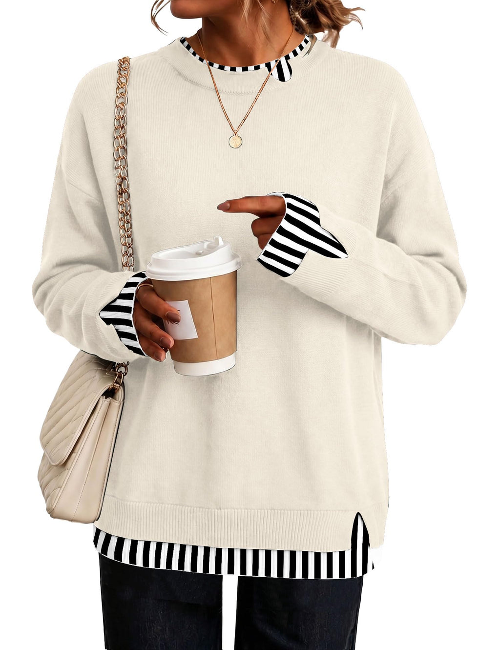 LOMON Womens Sweaters Cozy Long Sleeve Pullover Tops Faux Layered Sweaters