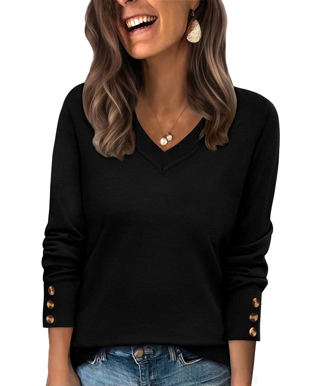 WIHOLL Lightweight Sweaters for Women Long Sleeve V Neck Knit Outfits with Decorative Buttons