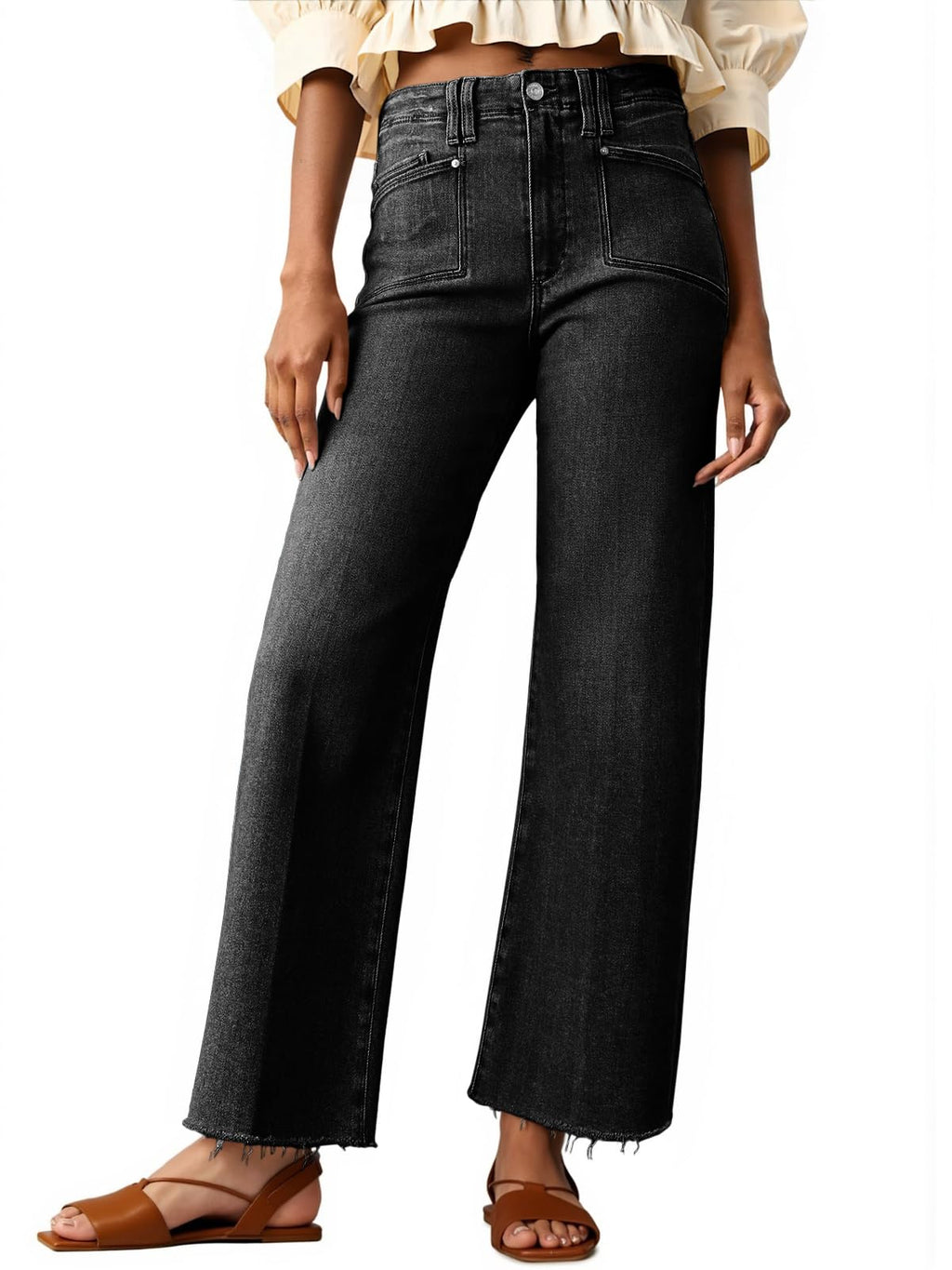Cicy Bell Womens High Waisted Cropped Jeans Straight Leg Raw Hem Denim Pant