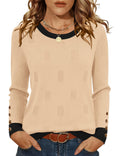 AKEWEI Womens Sweaters Long Sleeve Crew Neck Lightweight Knit Pullover Tops with Decorative Buttons