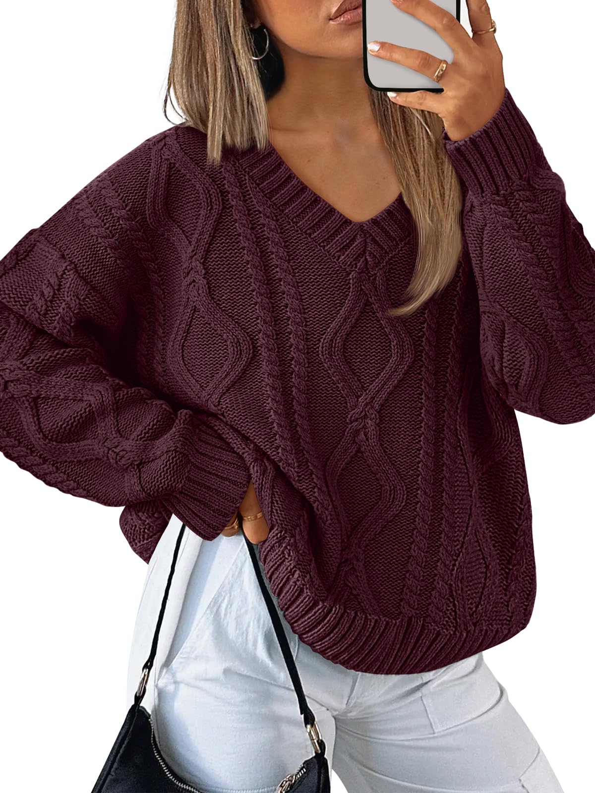 Trendy Queen Womens V Neck Cable Knit Sweaters Oversized Cozy Fall Pullover