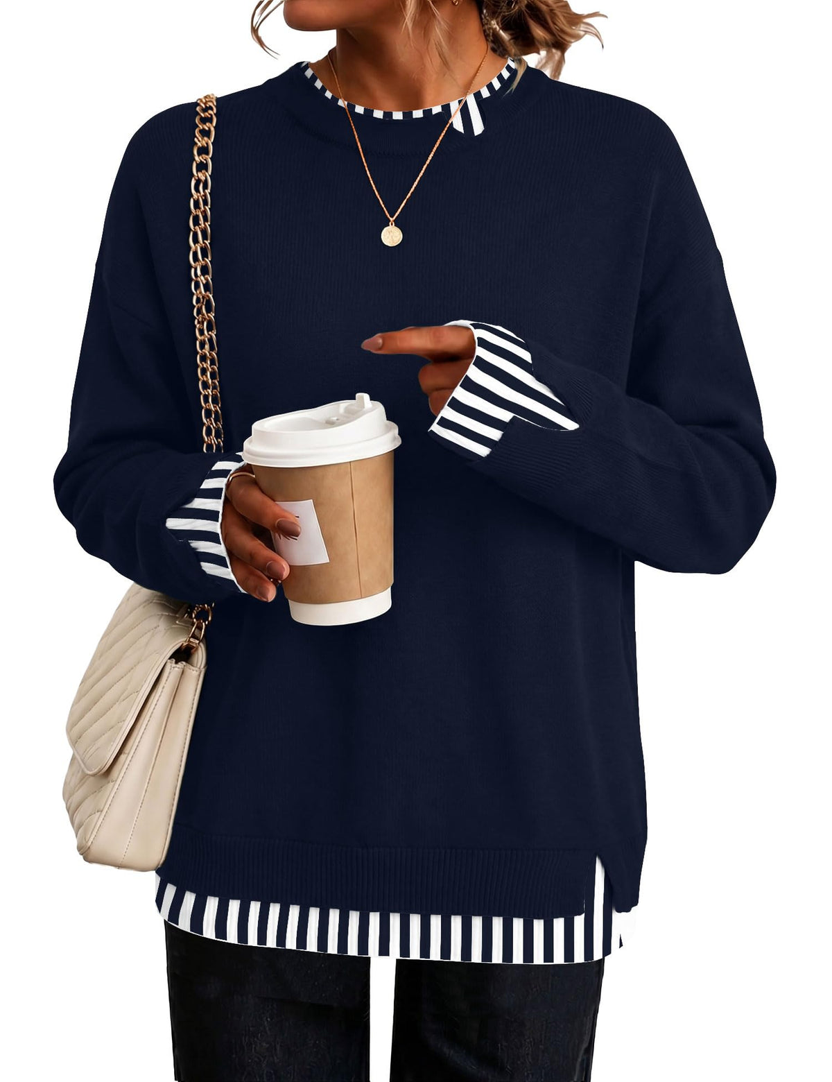 LOMON Womens Sweaters Cozy Long Sleeve Pullover Tops Faux Layered Sweaters