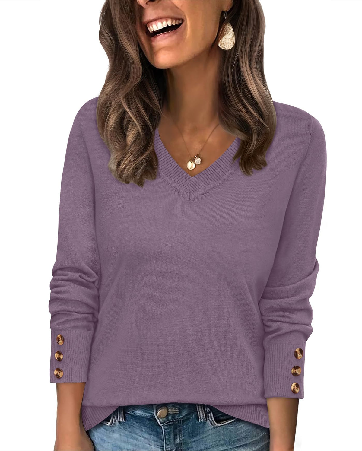 WIHOLL Lightweight Sweaters for Women Long Sleeve V Neck Knit Outfits with Decorative Buttons