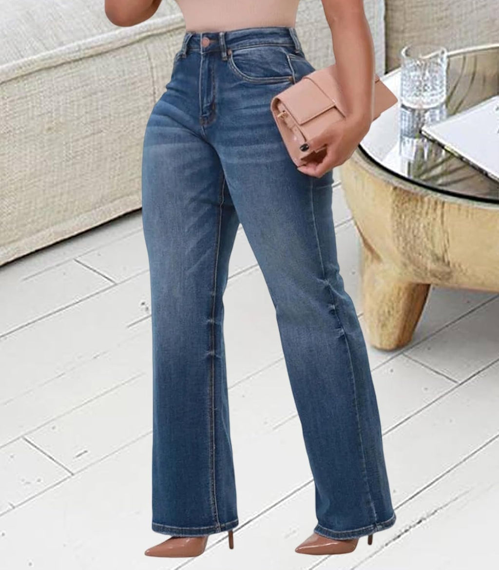 KnoInt Women's Wide Leg Straight Jeans High Waisted Baggy Stretch Loose Denim Pants