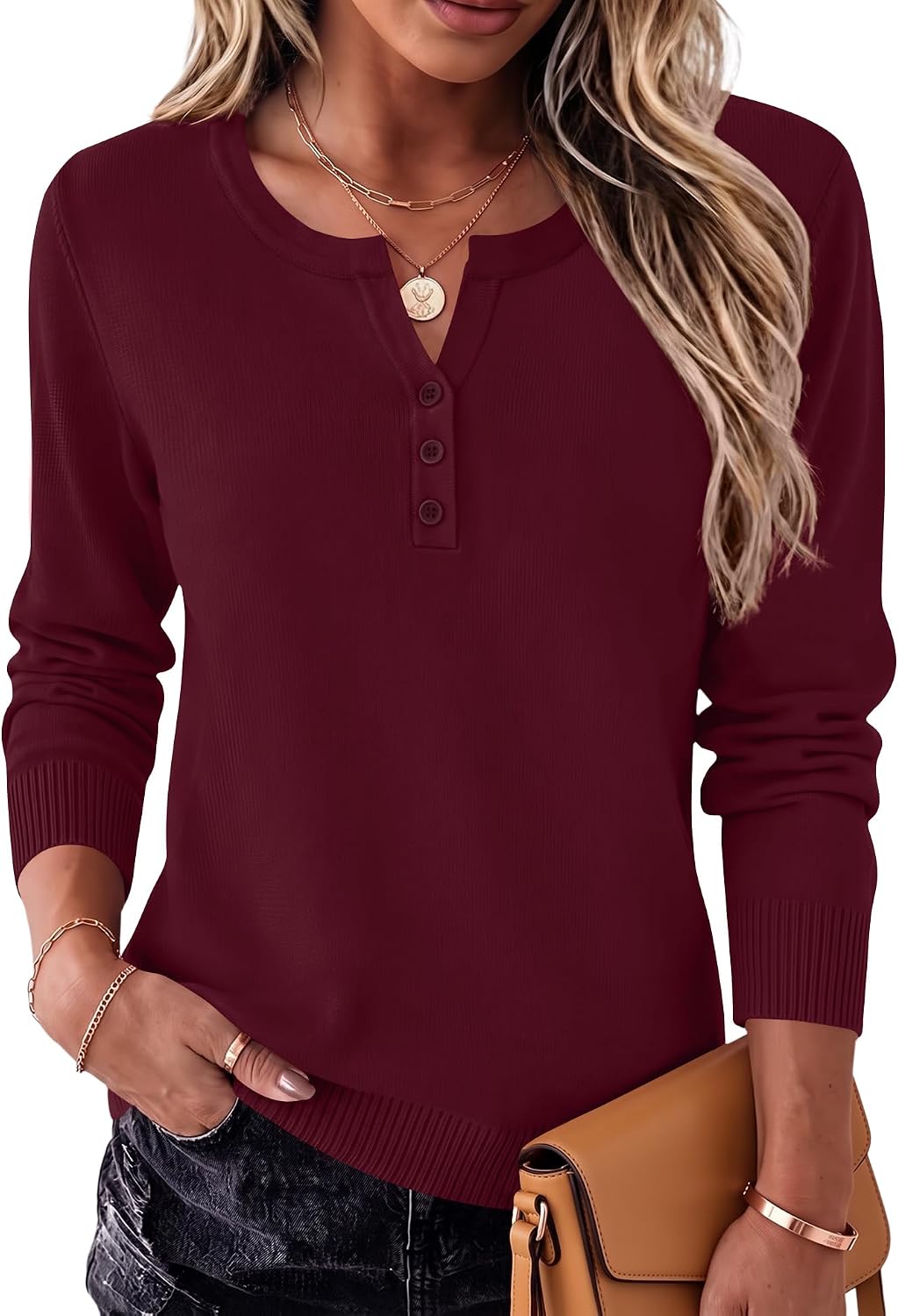 LOMON Sweater for Women Long Sleeve V Neck Wool Blend Pullover Tops