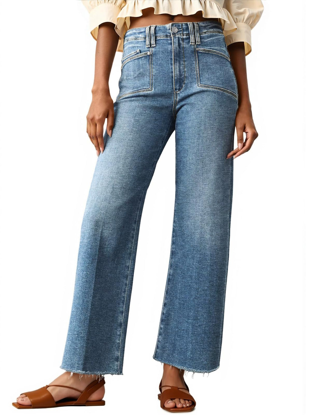 Cicy Bell Womens High Waisted Cropped Jeans Straight Leg Raw Hem Denim Pant