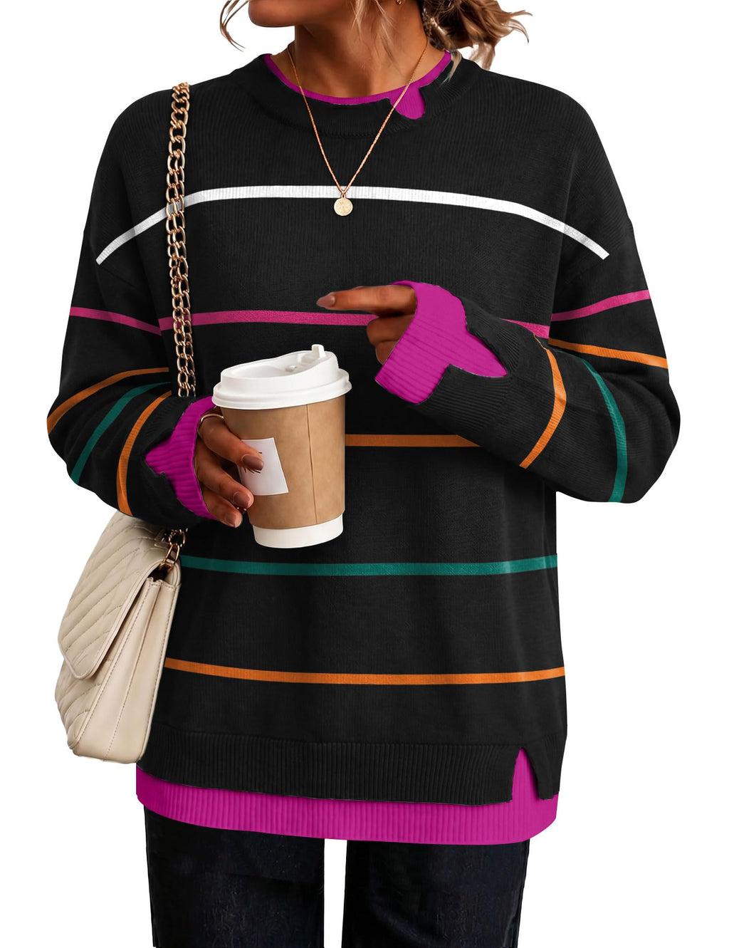 LOMON Womens Sweaters Cozy Long Sleeve Pullover Tops Faux Layered Sweaters