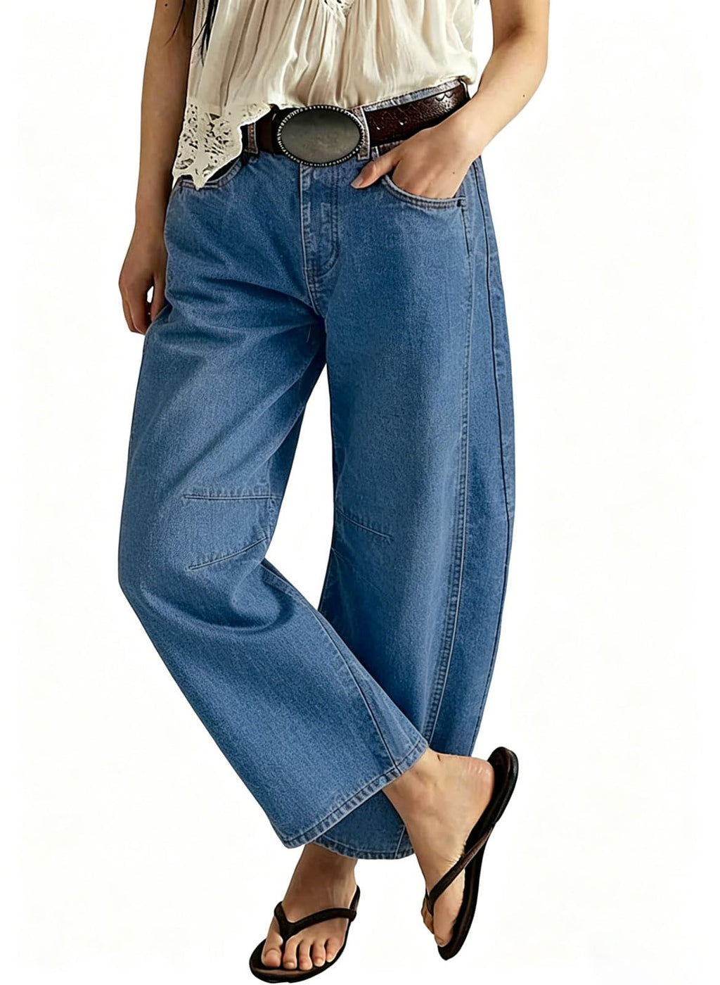 loveimgs Women Casual Wide Leg Mid Rise Jeans Baggy Barrel Jeans Denim Pull On Pants Sweatpants Y2k Boyfriend Boho Ankle Pant
