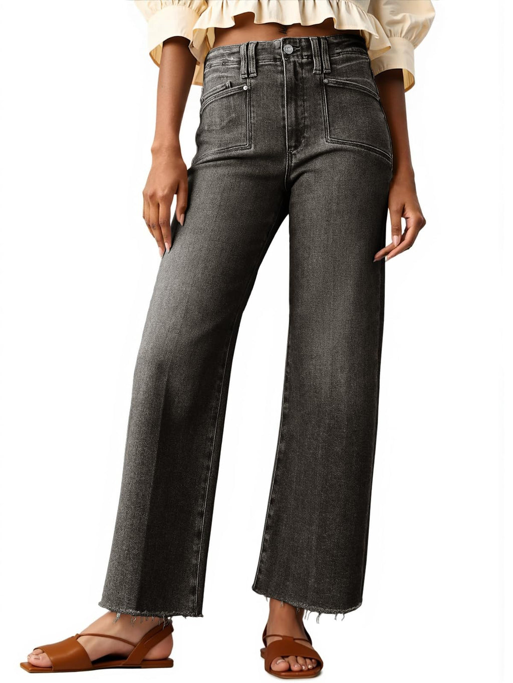 Cicy Bell Womens High Waisted Cropped Jeans Straight Leg Raw Hem Denim Pant