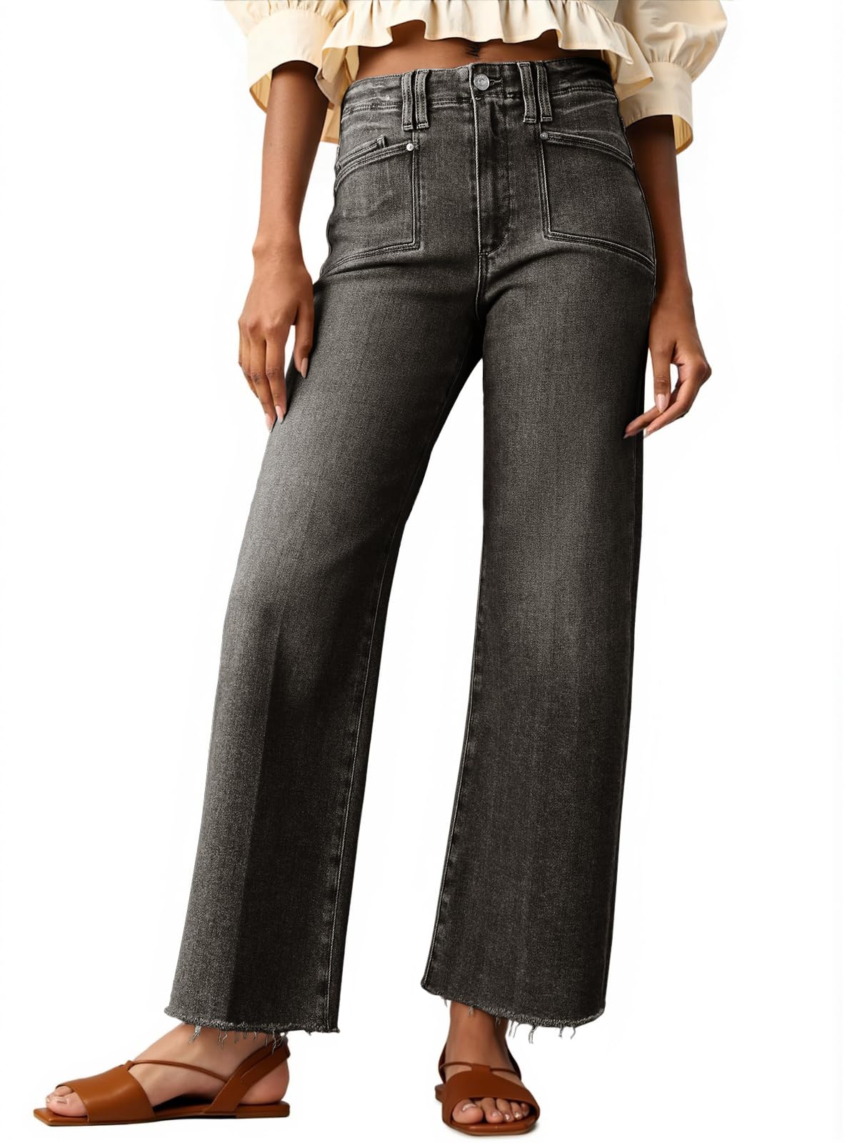 Cicy Bell Womens High Waisted Cropped Jeans Straight Leg Raw Hem Denim Pant