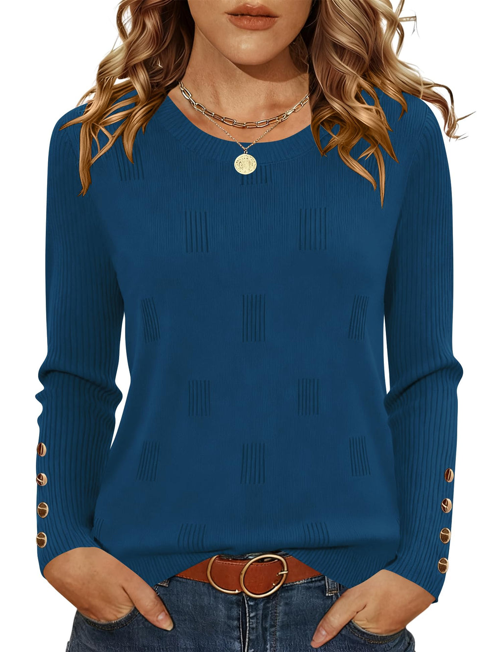 AKEWEI Womens Sweaters Long Sleeve Crew Neck Lightweight Knit Pullover Tops with Decorative Buttons