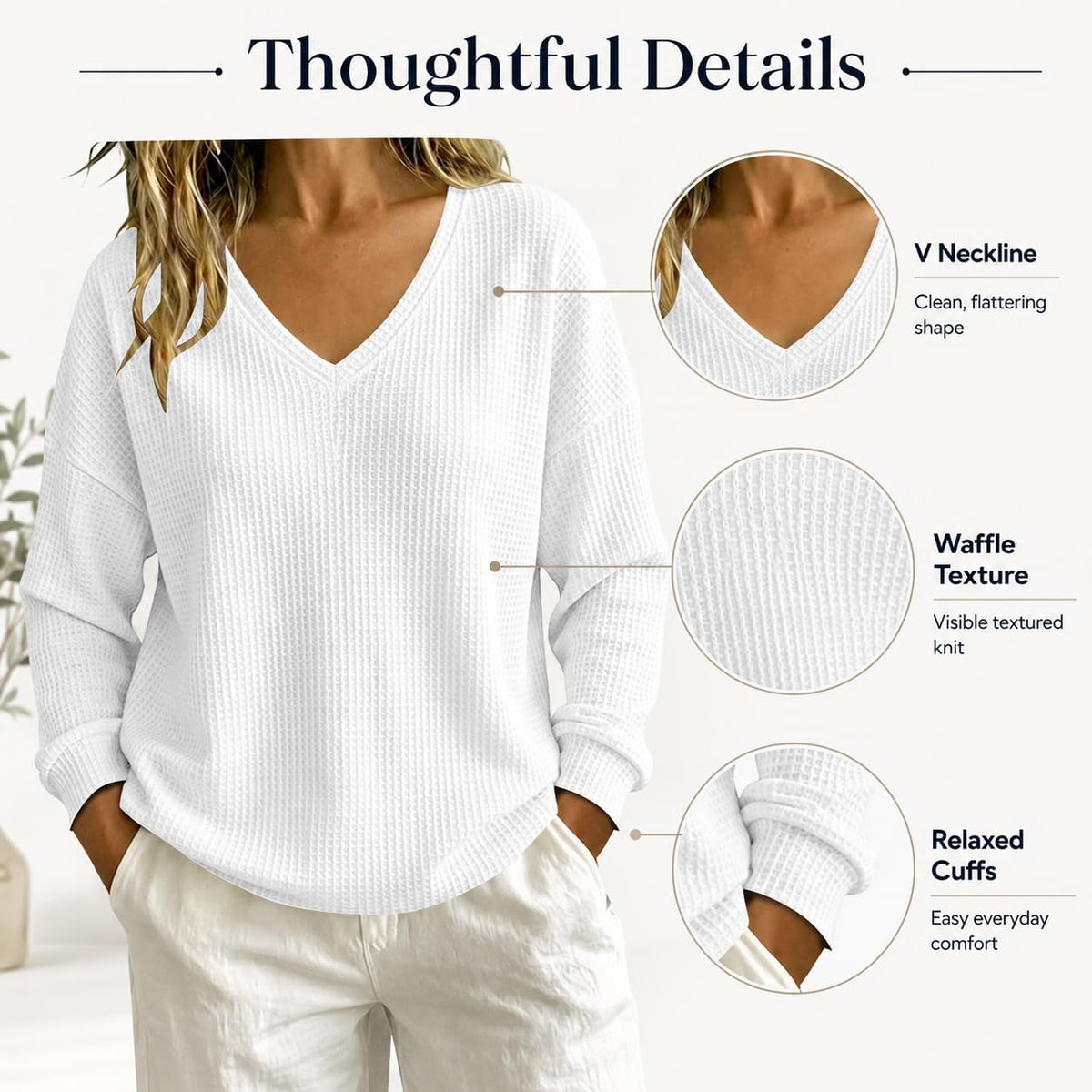 Women’s Lightweight Waffle Knit Sweater V-Neck Loose Fit Pullover