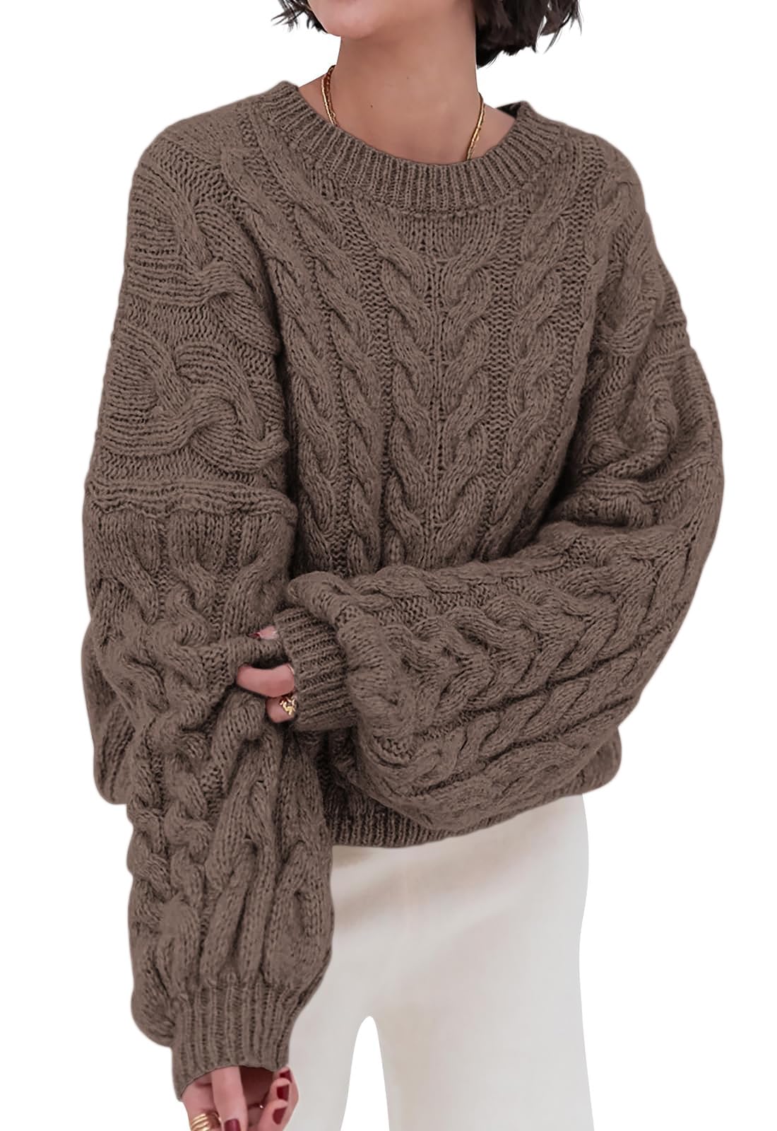 PRETTYGARDEN Womens Sweaters Fall 2026 Cable Knit Long Sleeve Crewneck Oversized Sweater Chunky Pullover Loose Outfits
