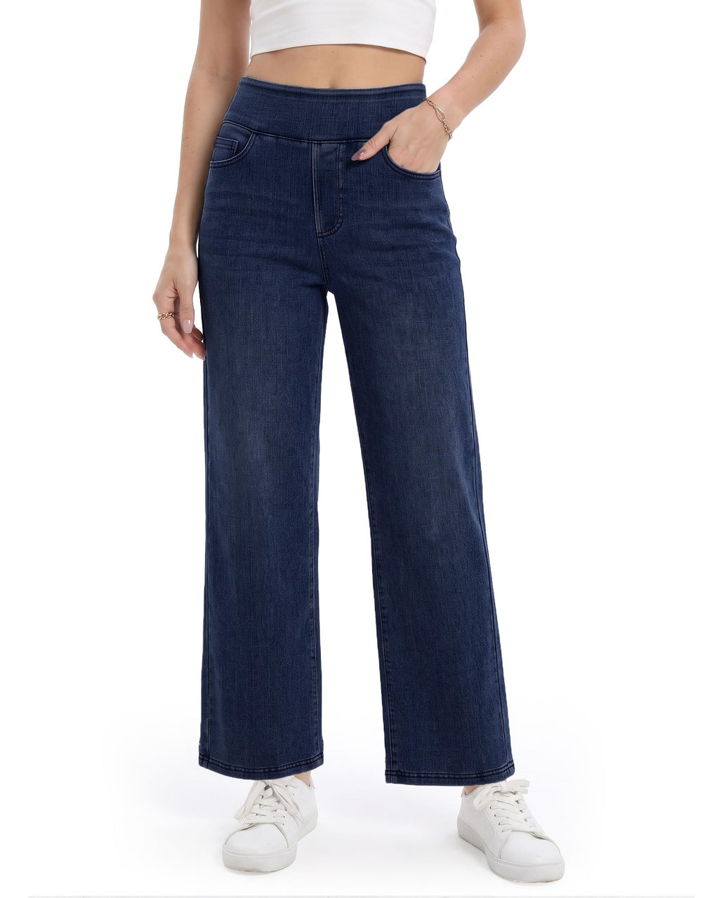 Wide Leg Pull On Jeans Womens High Rise Stretchy Jeans Denim Pants with Elastic Waist Tummy Control