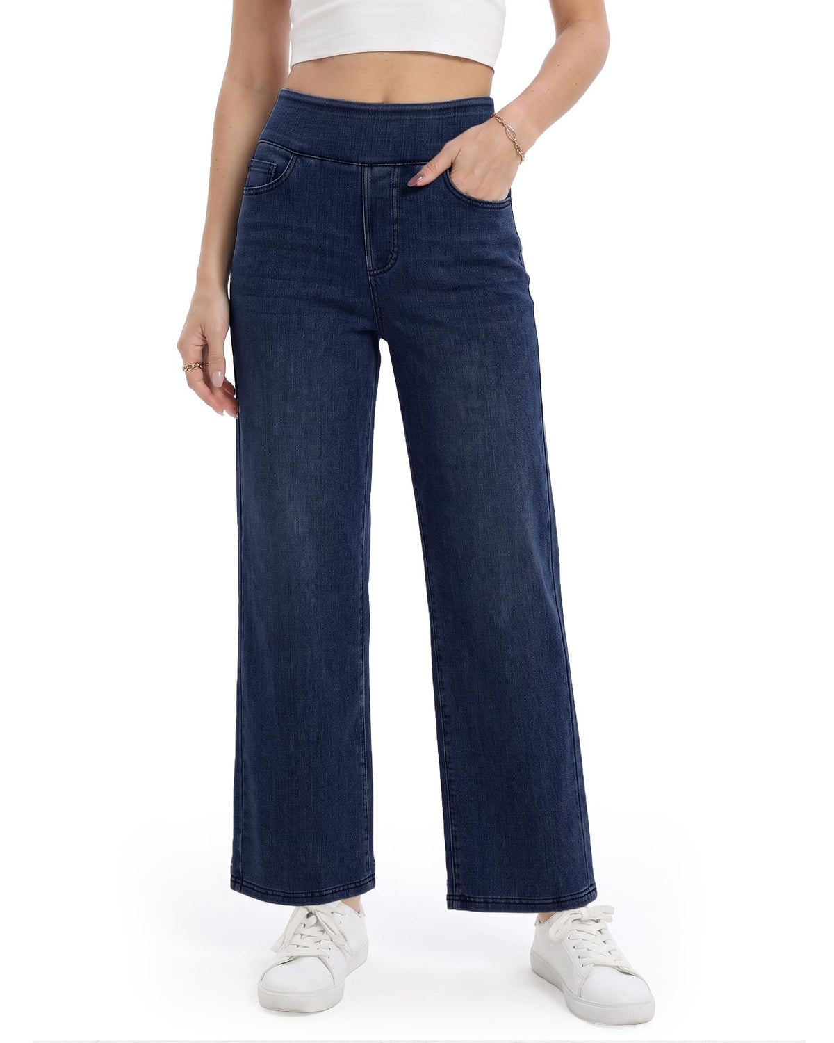 Wide Leg Pull On Jeans Womens High Rise Stretchy Jeans Denim Pants with Elastic Waist Tummy Control