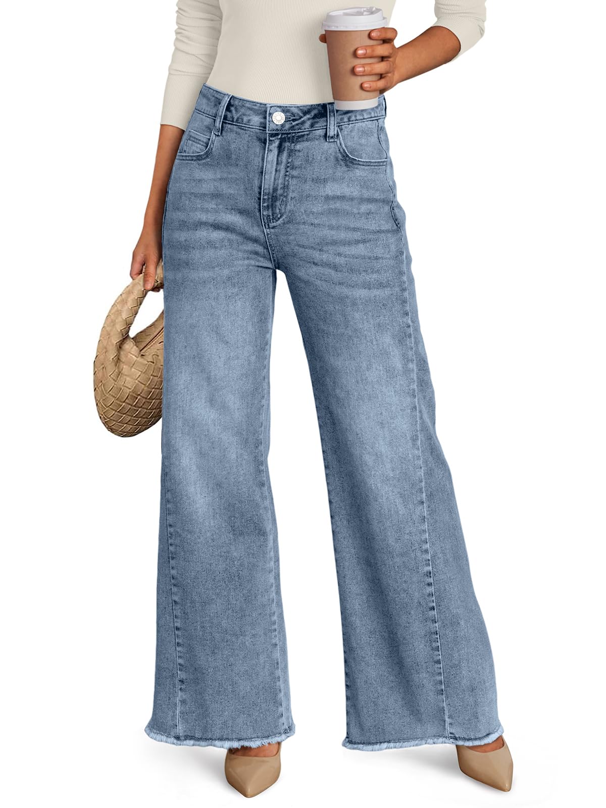 Trendy Queen Women's Wide Leg Jeans, Relaxed Loose with Raw Hem Pants