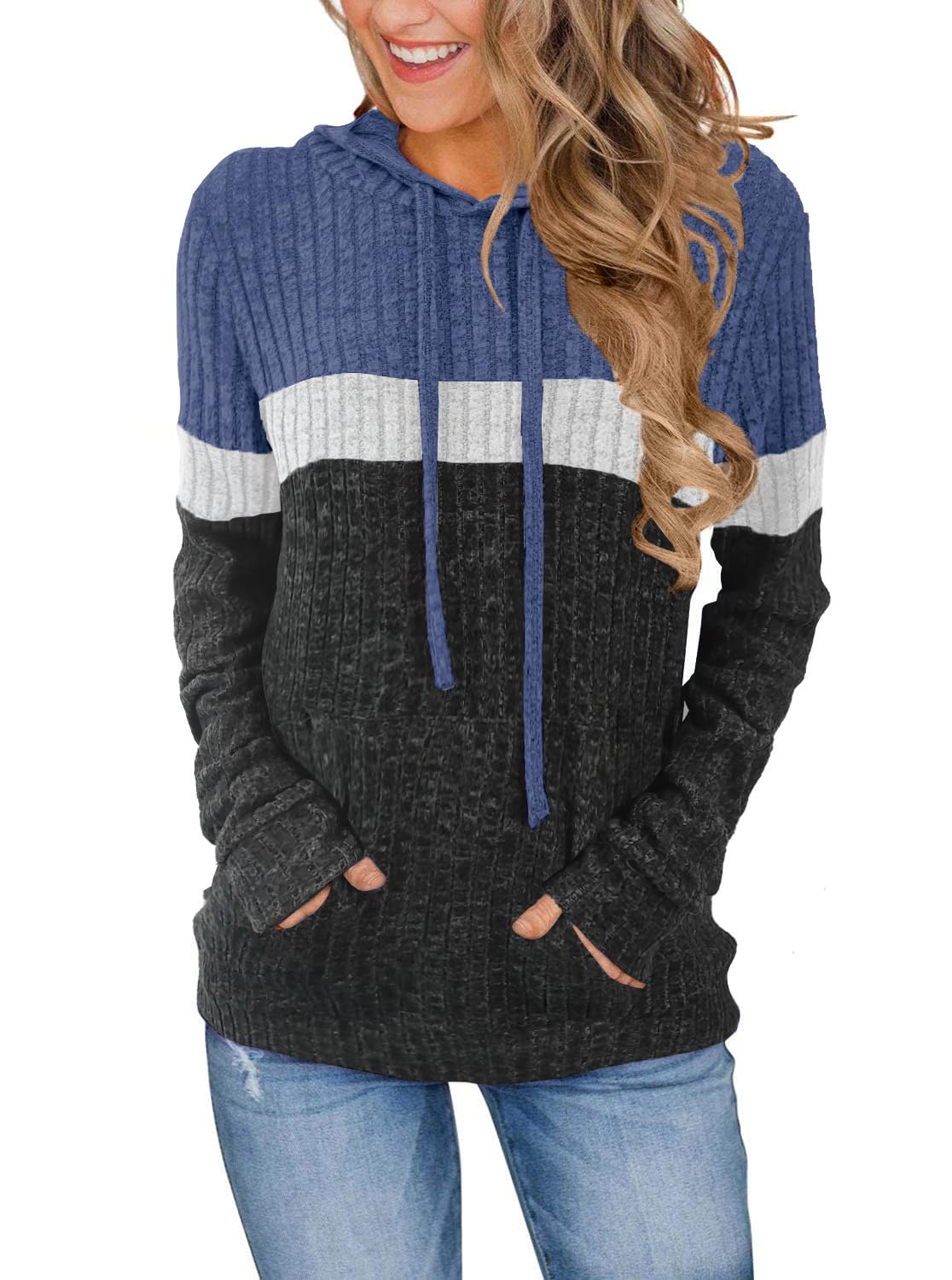 MixShe Women’s Color Block Knit Hoodie – Casual Long Sleeve Pullover Sweater Tops with Pocket