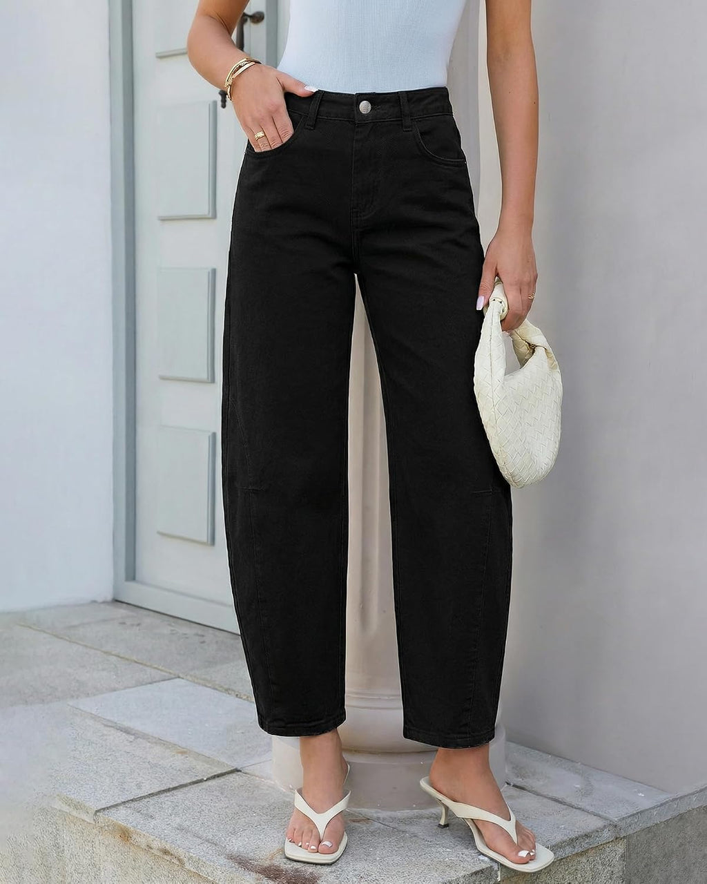 GRAPENT Barrel Jeans for Women Cropped Trendy High Waisted Baggy Side Seamed Casual Stretchy Denim Pants Wide Leg Jeans