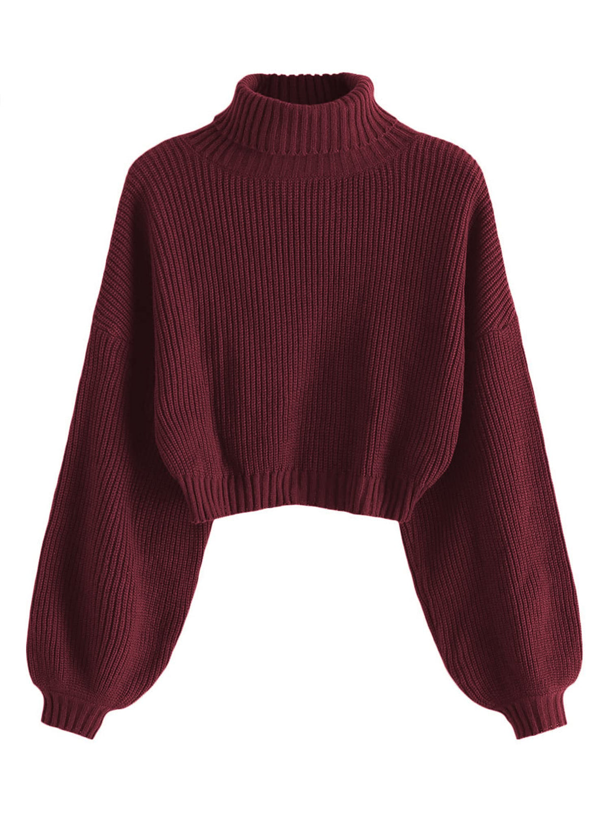 ZAFUL Women's Cropped Turtleneck Sweater Lantern Sleeve Ribbed Knit Pullover Sweater Jumper