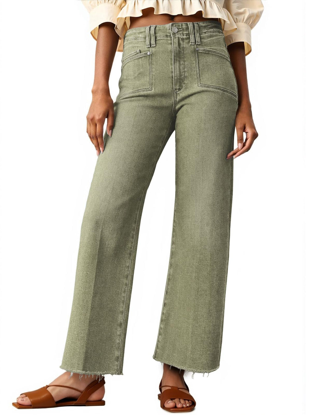 Cicy Bell Womens High Waisted Cropped Jeans Straight Leg Raw Hem Denim Pant