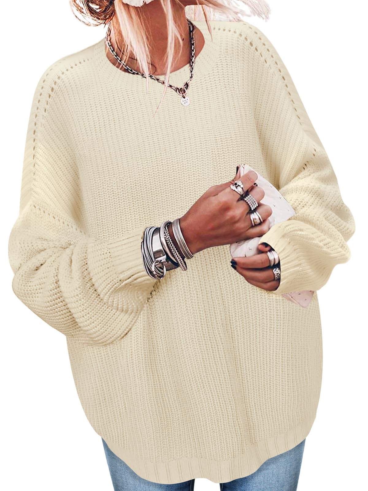 Sweaters for Women Oversized Casual Knit Ribbed Pullover Tunic Tops S-3XL