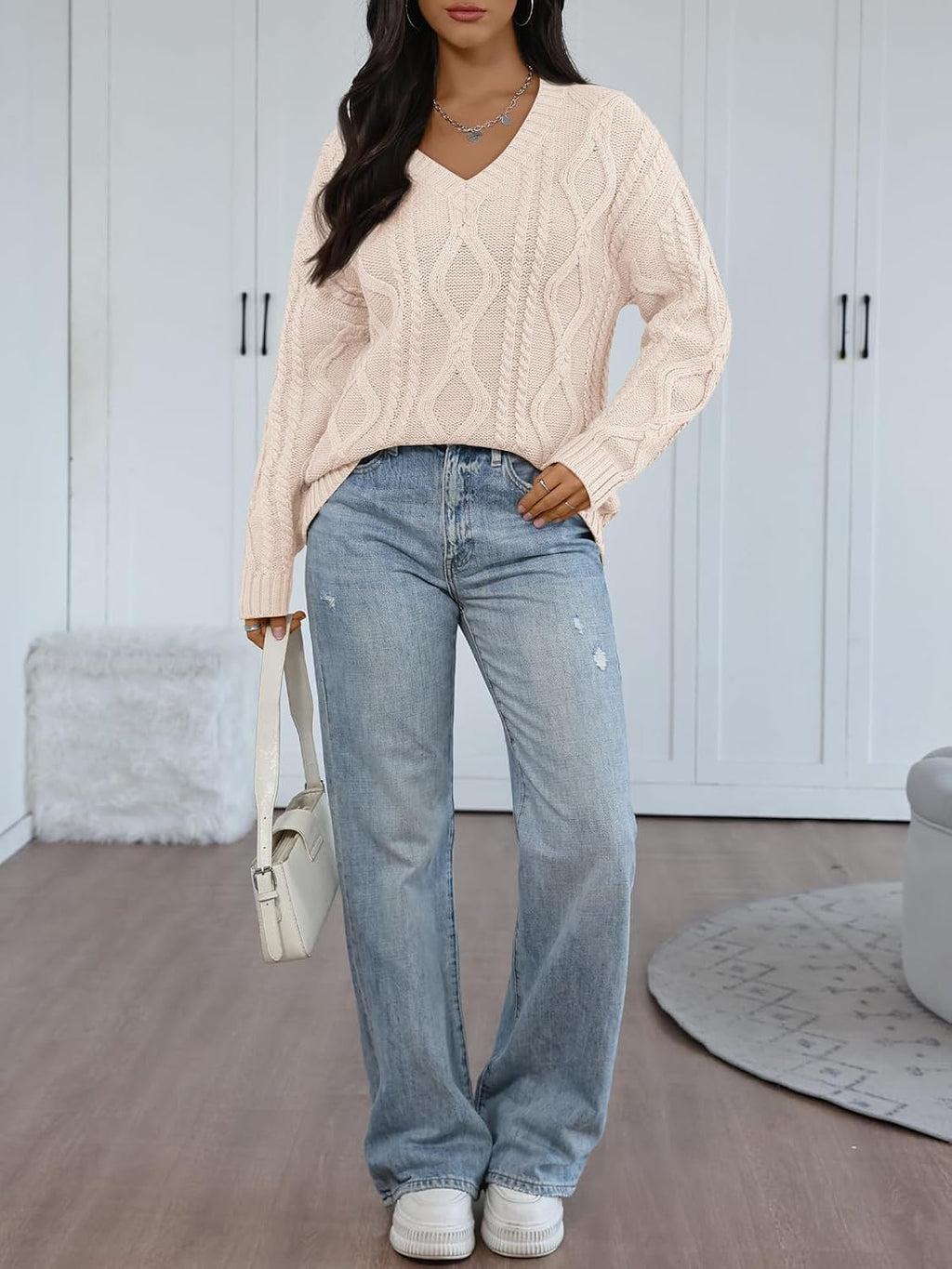 Trendy Queen Womens V Neck Cable Knit Sweaters Oversized Cozy Fall Pullover