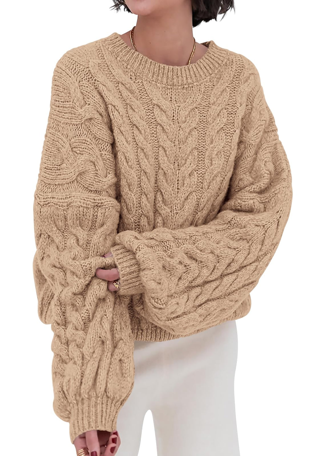 PRETTYGARDEN Womens Sweaters Fall 2026 Cable Knit Long Sleeve Crewneck Oversized Sweater Chunky Pullover Loose Outfits