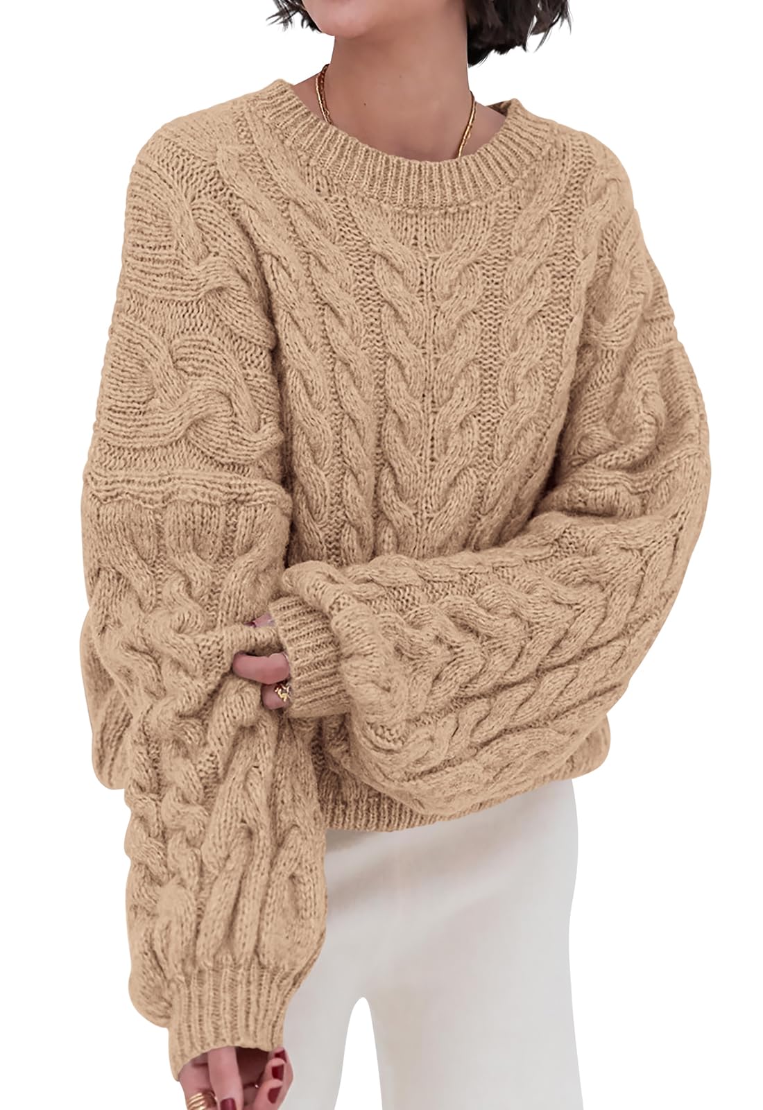 PRETTYGARDEN Womens Sweaters Fall 2026 Cable Knit Long Sleeve Crewneck Oversized Sweater Chunky Pullover Loose Outfits